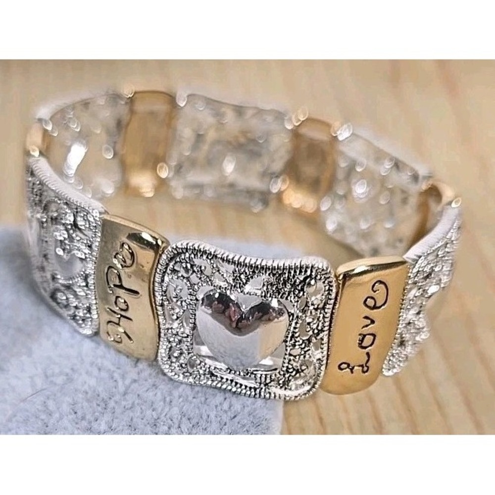 Faith Hope Love Stretch Bracelet Hearts Faux Silver Gold Fashion Jewelry NEW